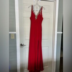 2 Cute Red Beaded V-Neck Prom Dress